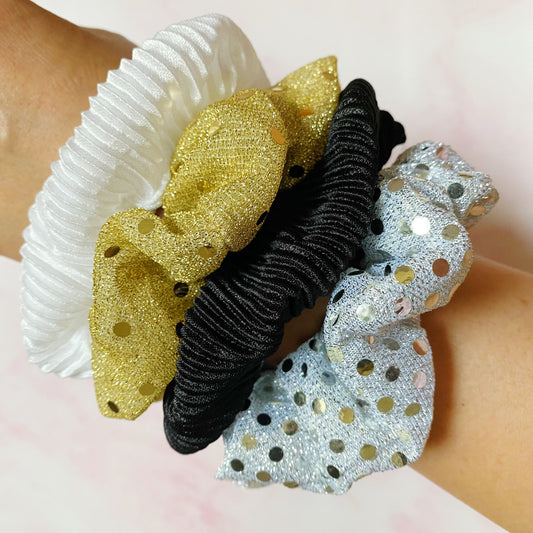 Glitter Scrunchie Set (4-Pack | Gold, Silver, Black & White)