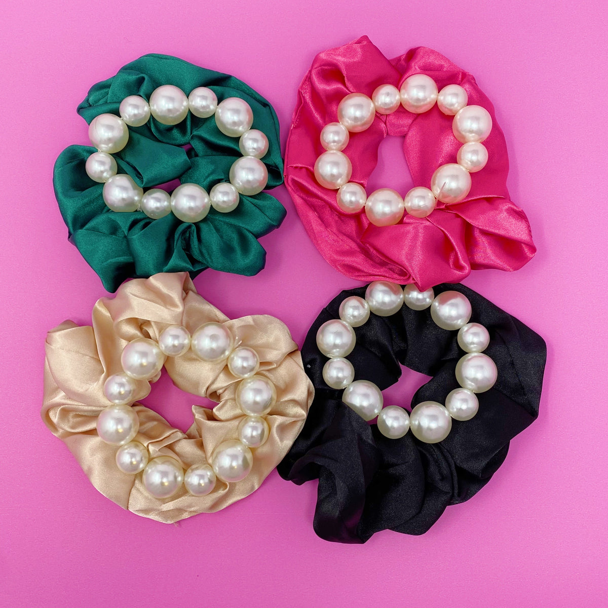 Satin Scrunchie Set with Pearl Beads (4-Pack Hair Ties)