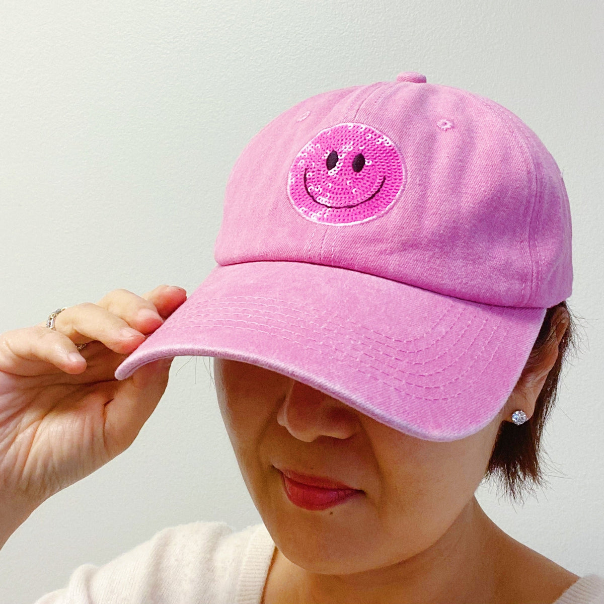 Sequin Smiley Face Baseball Cap (Washed Dad Hat | Multiple Colors)