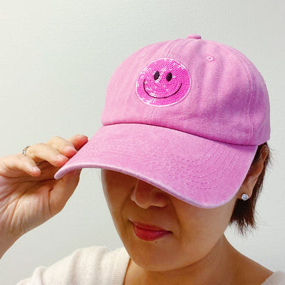 Sequin Smiley Face Baseball Cap (Washed Dad Hat | Multiple Colors)