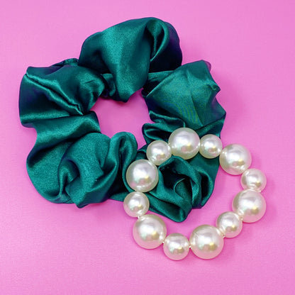 Satin Scrunchie Set with Pearl Beads (4-Pack Hair Ties)