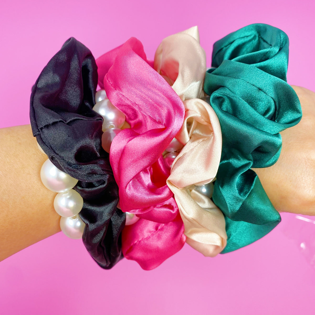 Satin Scrunchie Set with Pearl Beads (4-Pack Hair Ties)