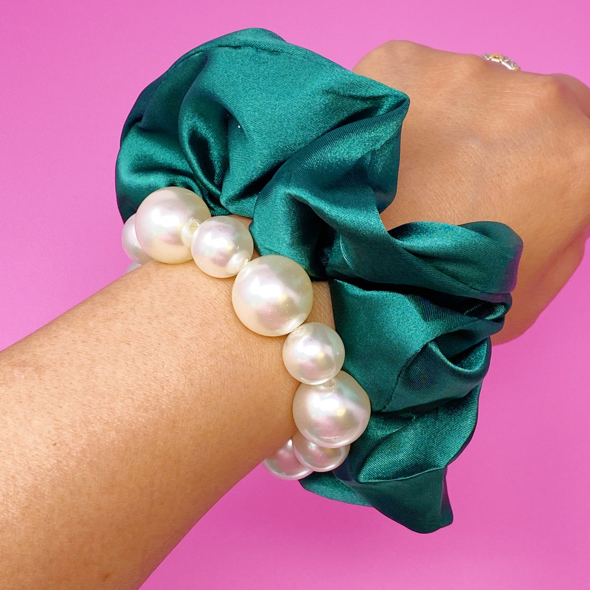 Satin Scrunchie Set with Pearl Beads (4-Pack Hair Ties)
