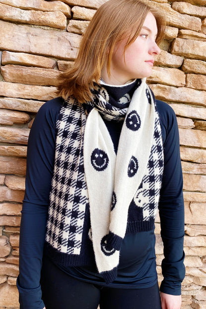 Smiley Face Plaid Knit Scarf (Cozy Winter Wrap | Black/White)