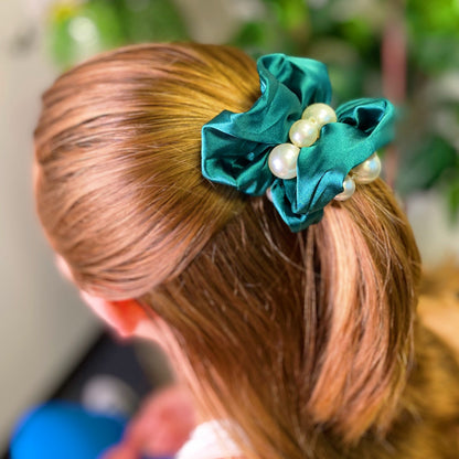 Satin Scrunchie Set with Pearl Beads (4-Pack Hair Ties)