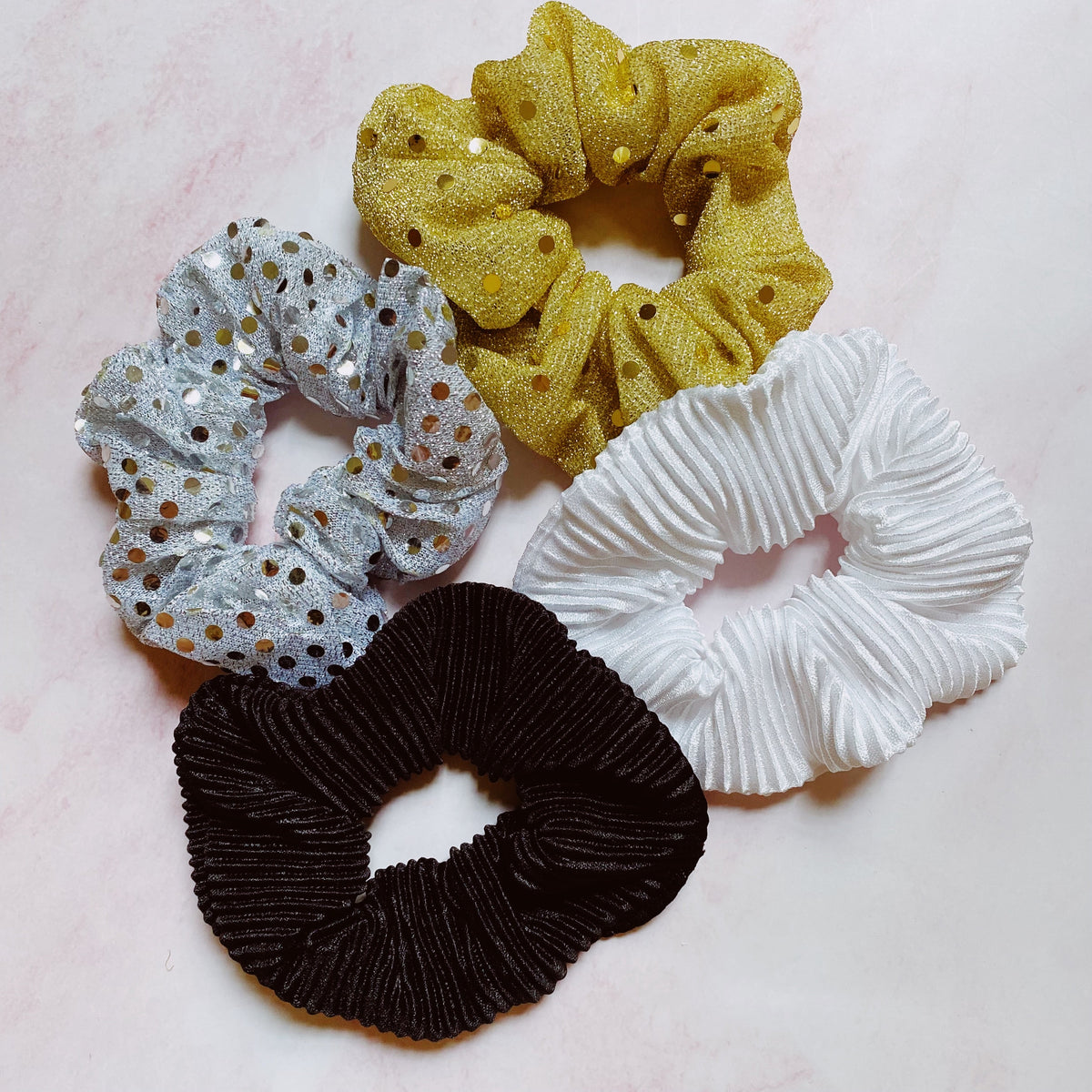 Glitter Scrunchie Set (4-Pack | Gold, Silver, Black & White)