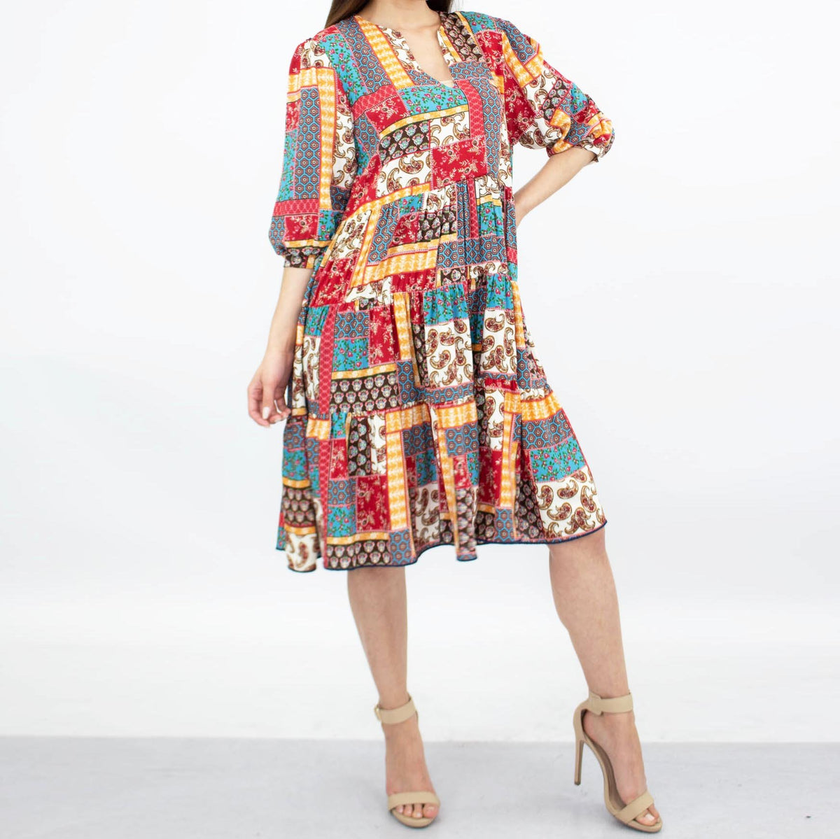 Boho Patchwork Tiered Midi Dress (Split Neck | 3/4 Sleeves)