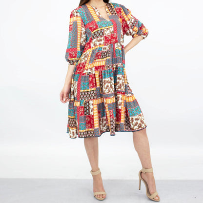 Boho Patchwork Tiered Midi Dress (Split Neck | 3/4 Sleeves)