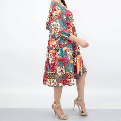 Boho Patchwork Tiered Midi Dress (Split Neck | 3/4 Sleeves)