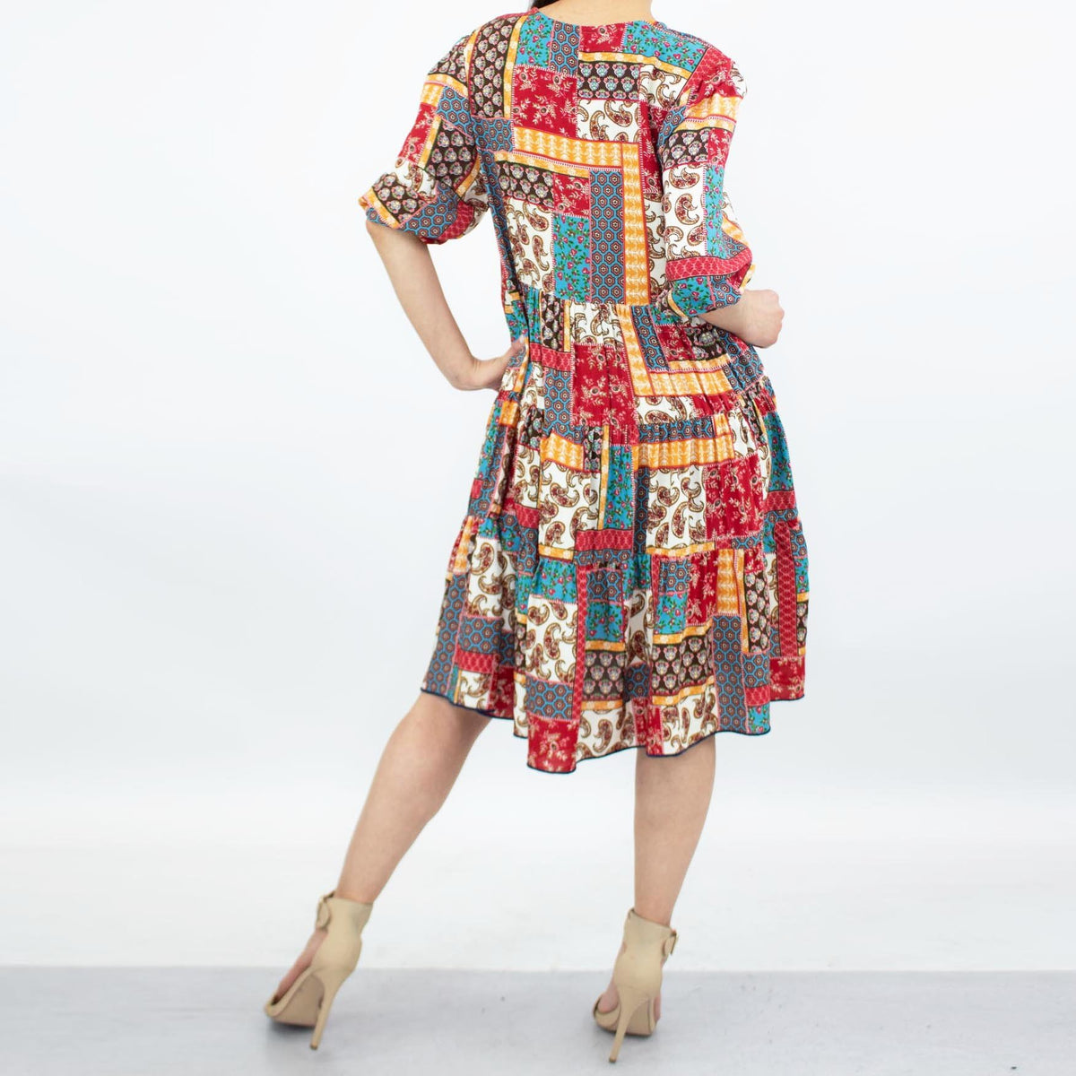 Boho Patchwork Tiered Midi Dress (Split Neck | 3/4 Sleeves)