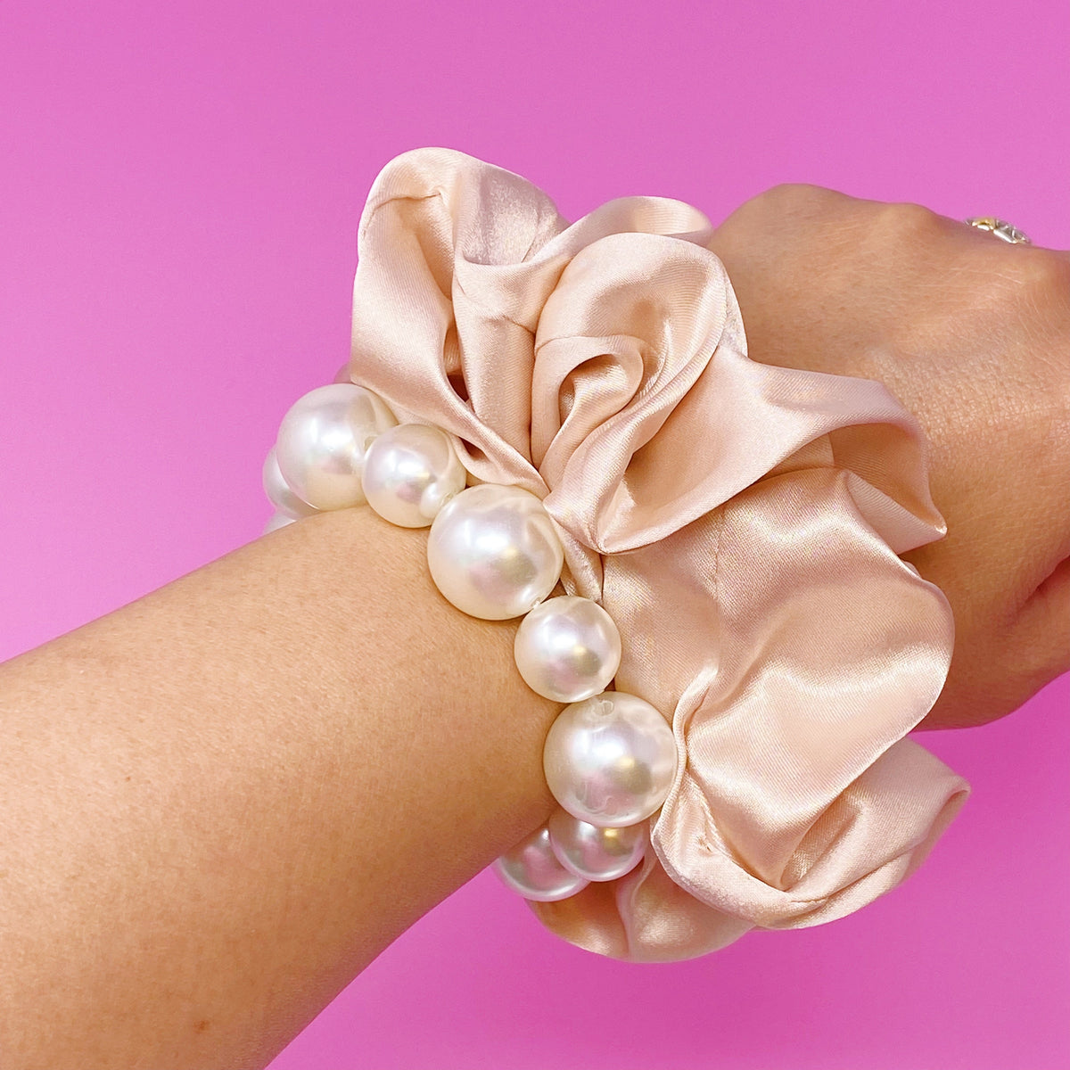 Satin Scrunchie Set with Pearl Beads (4-Pack Hair Ties)