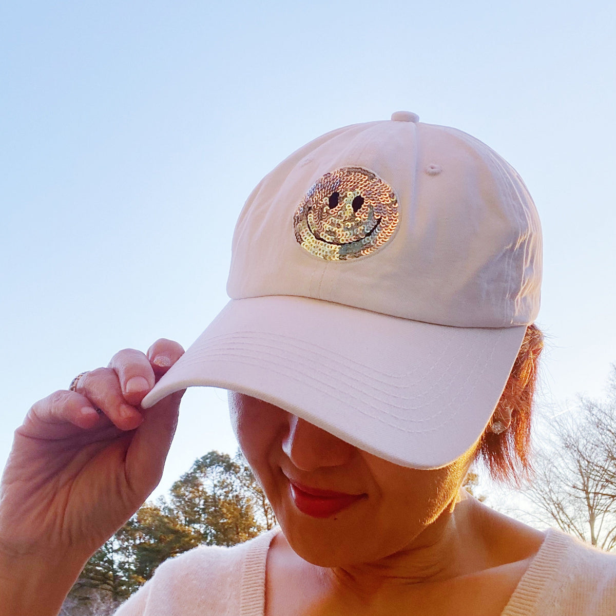 Sequin Smiley Face Baseball Cap (Washed Dad Hat | Multiple Colors)