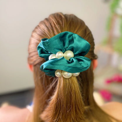 Satin Scrunchie Set with Pearl Beads (4-Pack Hair Ties)
