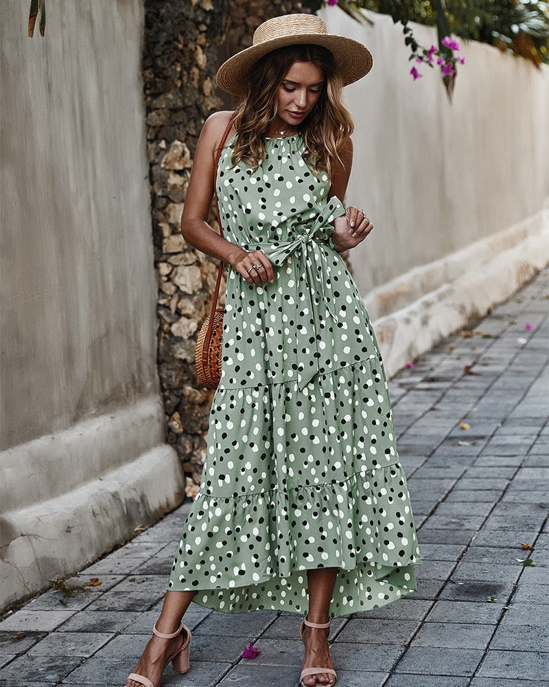 Polka Dot Tiered Midi Dress (Tie Waist | Sleeveless | Green/White)