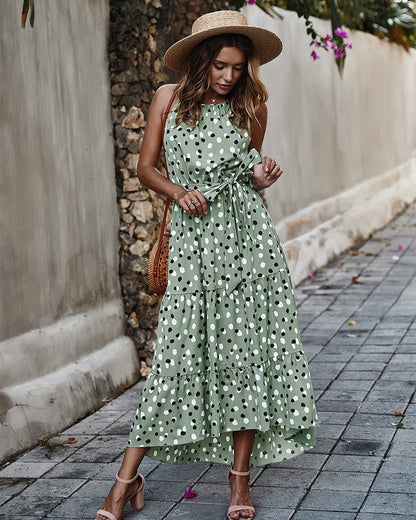 Polka Dot Tiered Midi Dress (Tie Waist | Sleeveless | Green/White)