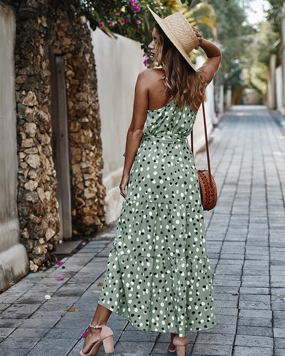 Polka Dot Tiered Midi Dress (Tie Waist | Sleeveless | Green/White)