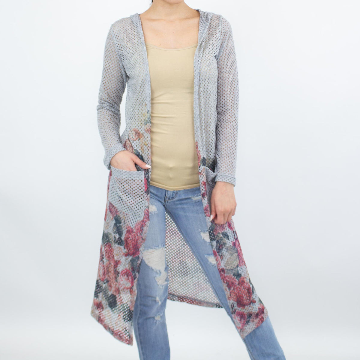 Floral Mesh Hooded Duster Cardigan (Open Front + Pockets)