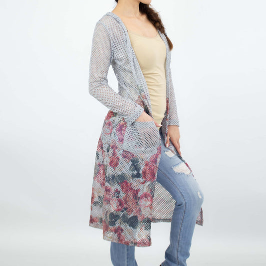 Floral Mesh Hooded Duster Cardigan (Open Front + Pockets)