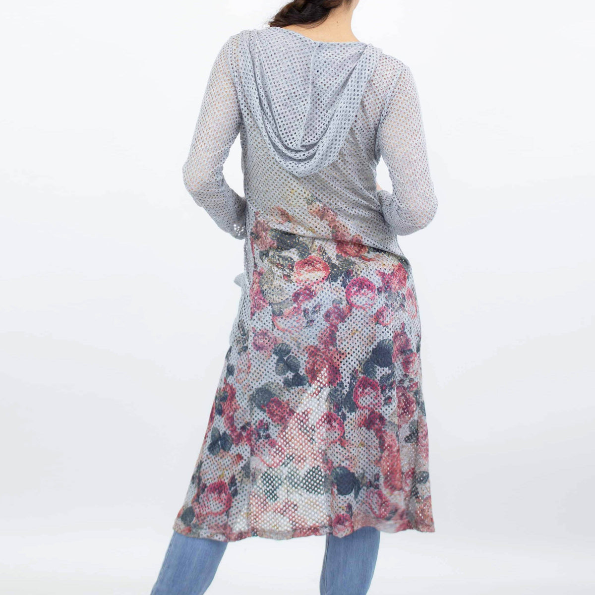 Floral Mesh Hooded Duster Cardigan (Open Front + Pockets)