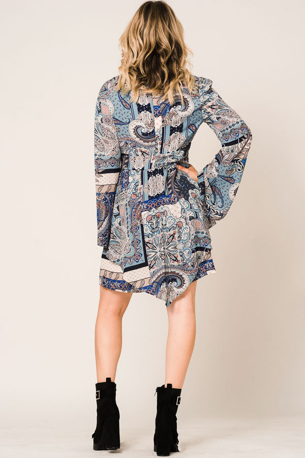 Boho Paisley Babydoll Dress (V-Neck | Bell Sleeves)