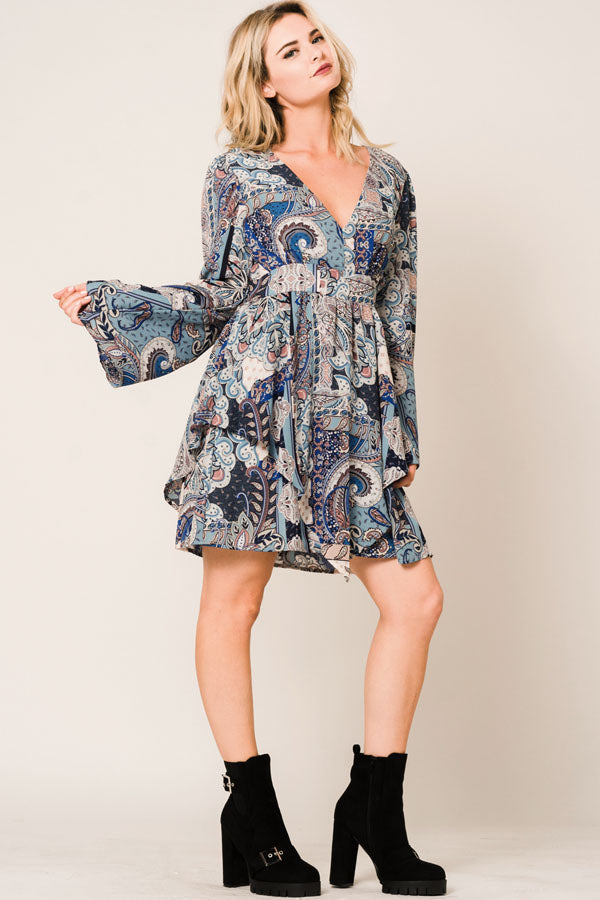 Boho Paisley Babydoll Dress (V-Neck | Bell Sleeves)