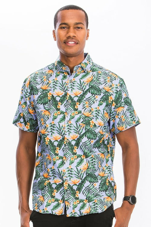 Men's Tropical Button-Up Shirt with Green and Orange Bird of Paradise Print