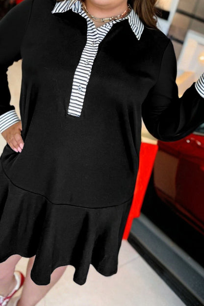 Black Long Sleeve Dress with Striped Collar – Casual Chic Collared Swing Dress