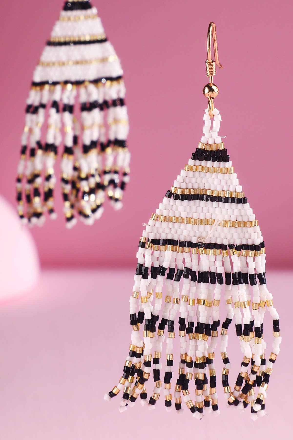 Beaded Fringe Statement Earrings (Black + White + Gold)