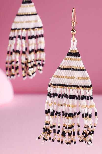 Beaded Fringe Statement Earrings (Black + White + Gold)