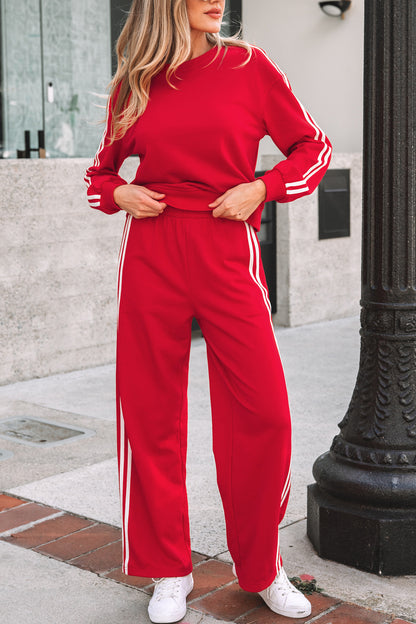 Red Two-Piece Lounge Set – Wide Leg Track Pants & Matching Crewneck Top
