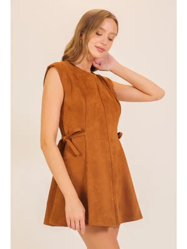 Suede Look Side-Tie Mini Dress (Sleeveless Fit & Flare)