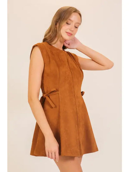Suede Look Side-Tie Mini Dress (Sleeveless Fit & Flare)