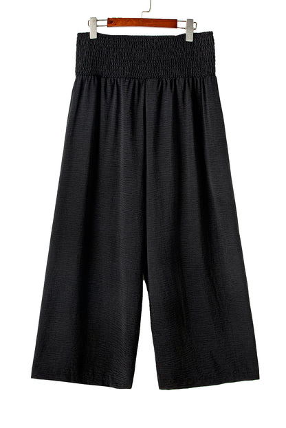 Black Smocked High-Waisted Wide-Leg Pants – Effortlessly Comfortable