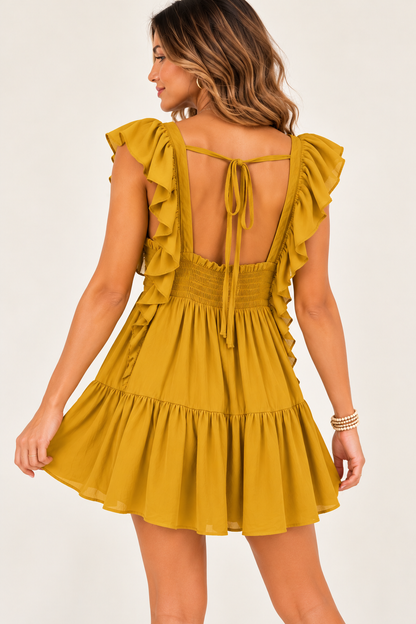 Free People Mustard Yellow Smocked Ruffle Mini Dress – Size XS
