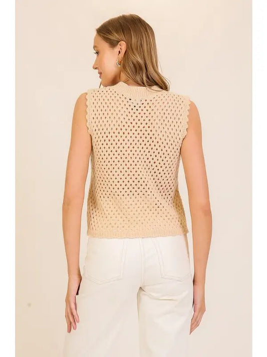 Open-Knit Sweater Tank (Crochet Look Sleeveless Top | Beige)