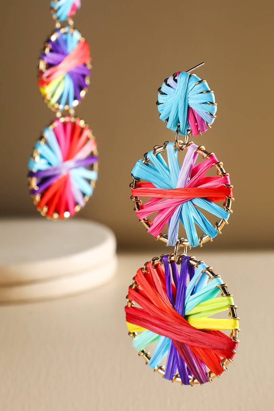 Rainbow Woven Disc Drop Earrings (Triple Statement Dangles)