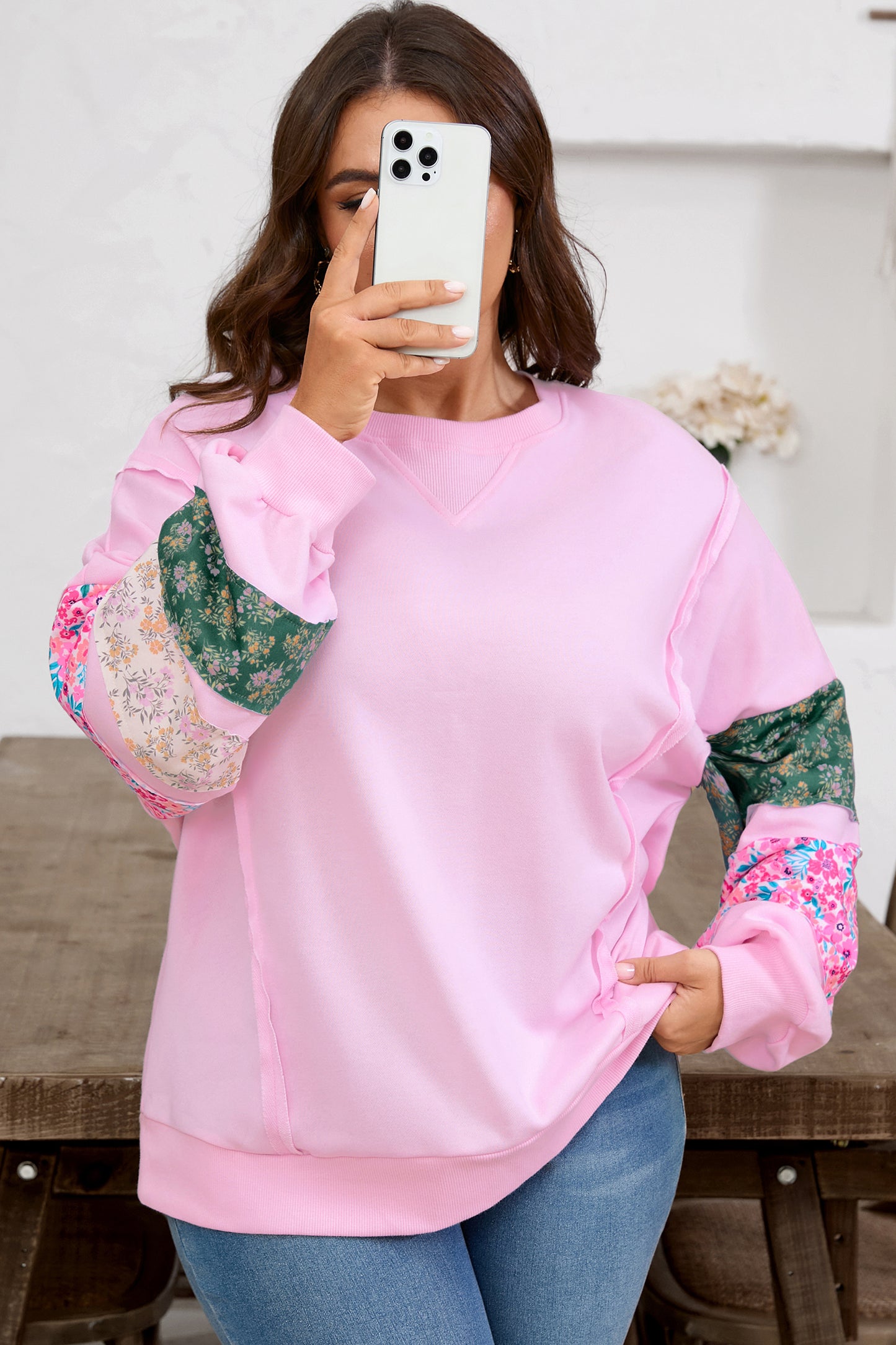 Pink Floral Patchwork Sweatshirt – Cute Spring Casual Pullover for Women