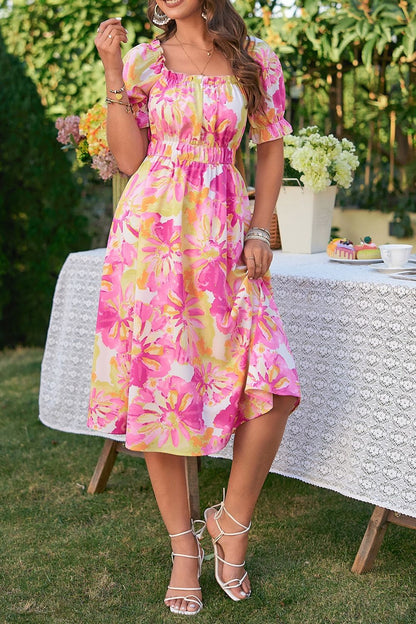 Floral Print Puff Sleeve Midi Dress