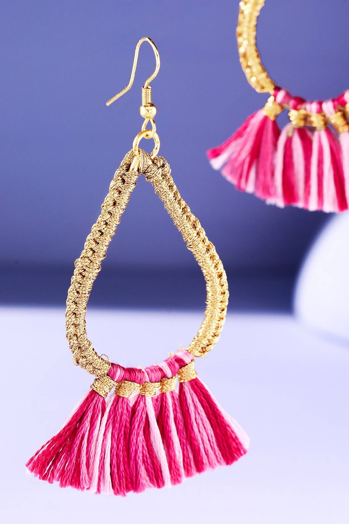 Teardrop Tassel Drop Earrings (Gold Wrapped Hoop | 3 Colors)