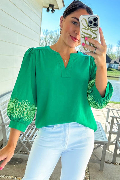 Embroidered Green Blouse with Puff Sleeves – Chic Spring & Summer Top