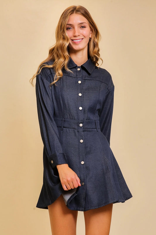 Button-Front Denim Shirt Dress (Long Sleeve Mini)