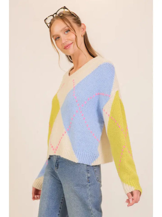 Pastel Argyle V-Neck Sweater (Colorblock Knit Pullover)