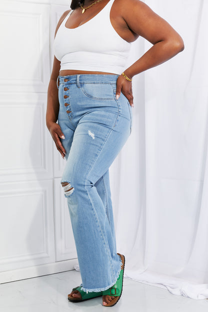 High-Rise Button-Up Flare Jeans with Distressed Detail