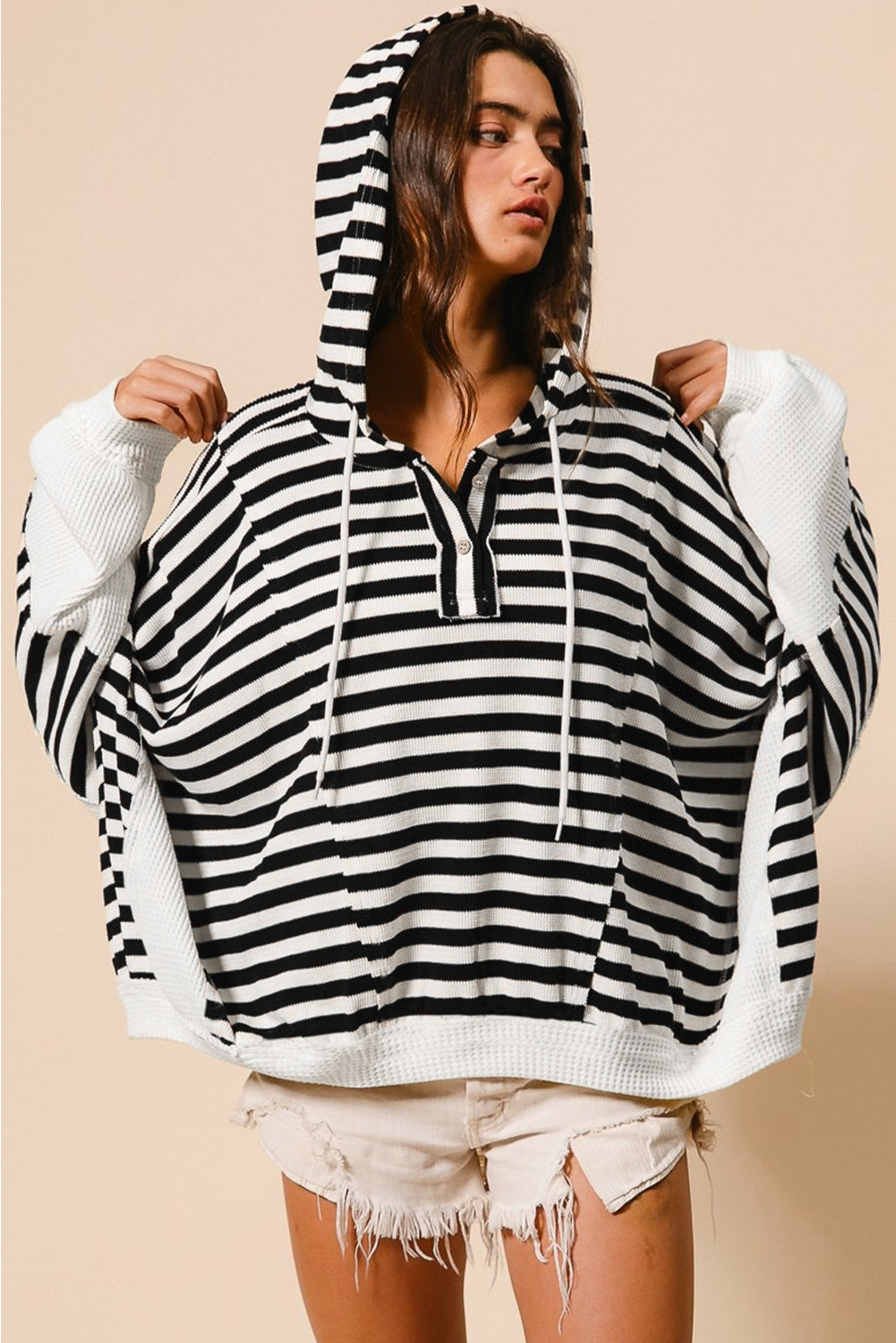 Black & White Striped Waffle Knit Hoodie – Oversized Casual Pullover