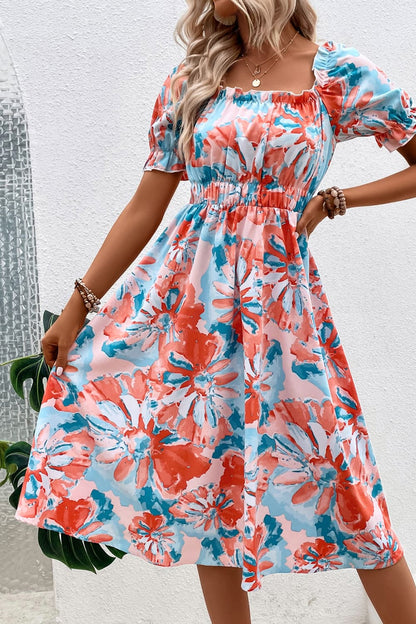 Floral Print Puff Sleeve Midi Dress