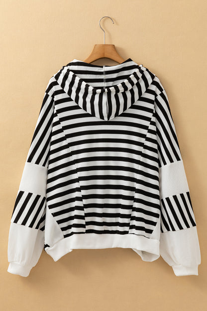 Black & White Striped Waffle Knit Hoodie – Oversized Casual Pullover