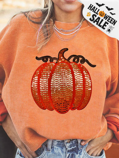 Badged - Sequin Pumpkin Sweatshirt – Fall Graphic Corded Pullover