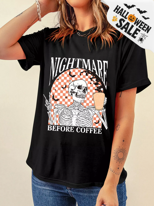 Badged - “Nightmare Before Coffee” Skeleton Graphic Tee (Halloween T-Shirt)