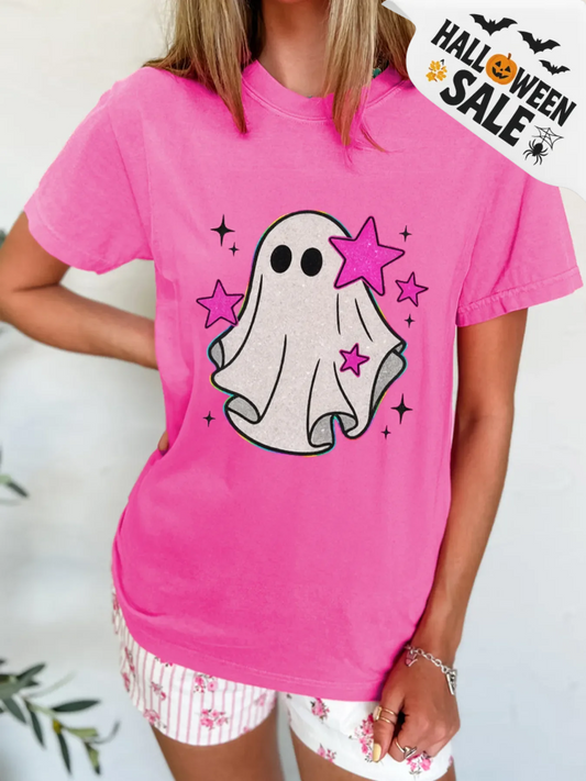 Badged - Sparkly Ghost & Stars Halloween Graphic Tee (Women’s T-Shirt)