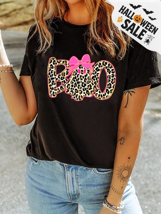 Badged - Leopard Boo Ghost Graphic Tee (Pink Bow Halloween T-Shirt)